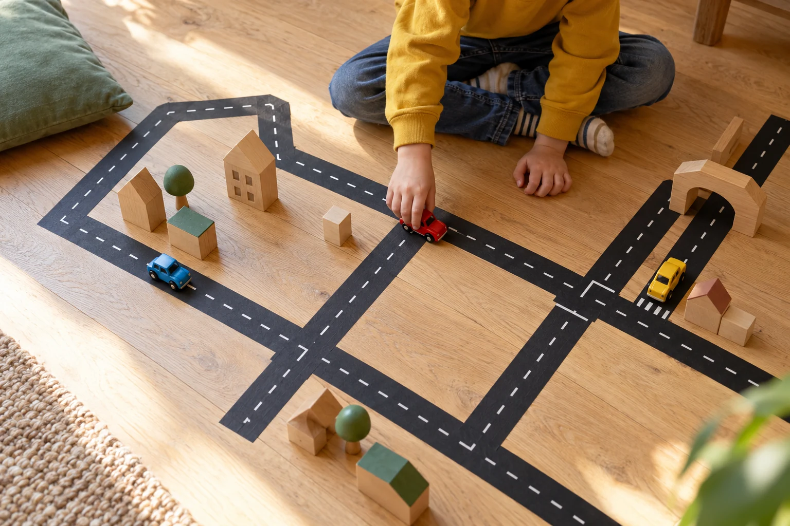Een kind bouwt een eigen stad met racebaantape, houten huisjes en kleurrijke speelgoedauto's